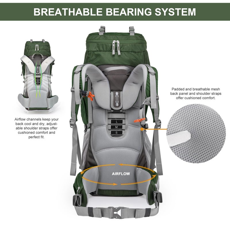 MOUNTAINTOP 70L Internal Frame Backpack Camping Backpacking Hiking Backpack for Men Women with Rain Cover,Dark Green - Image 5